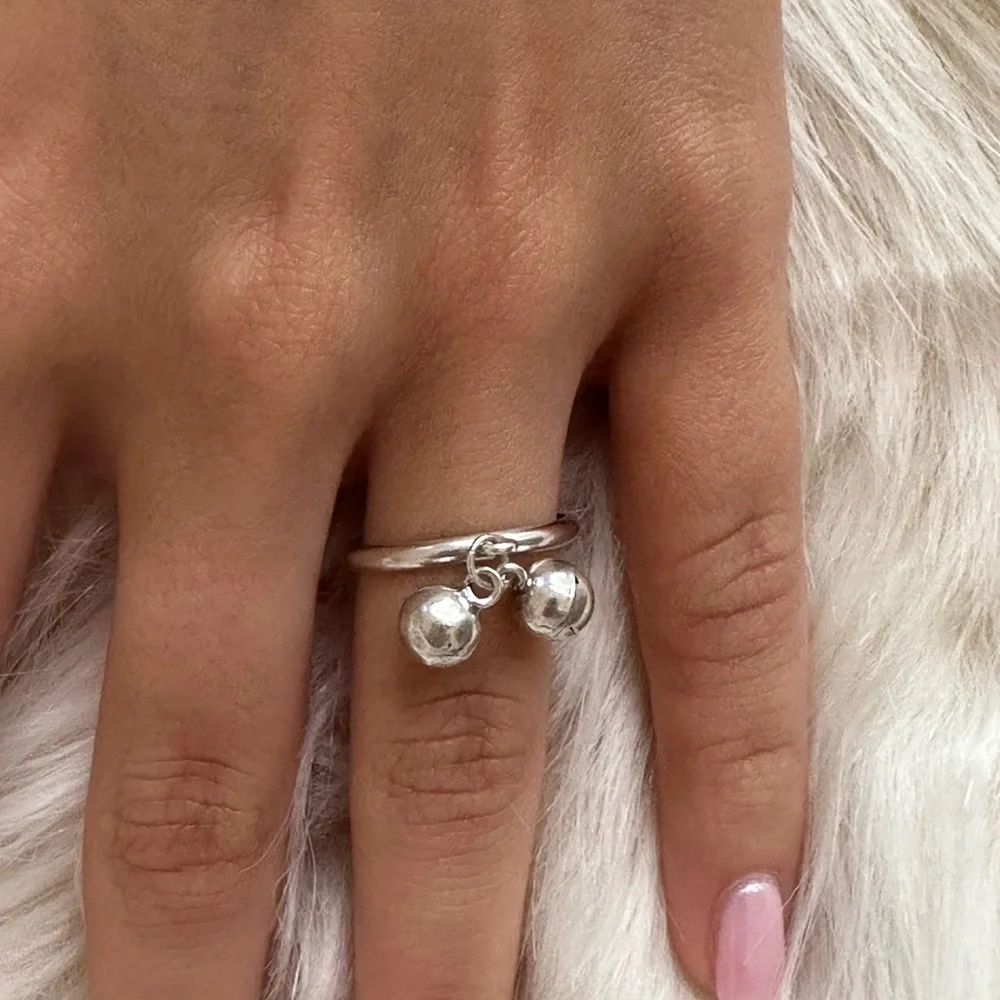 925 sterling silver Double-Band Ring with Dangling Silver Beads